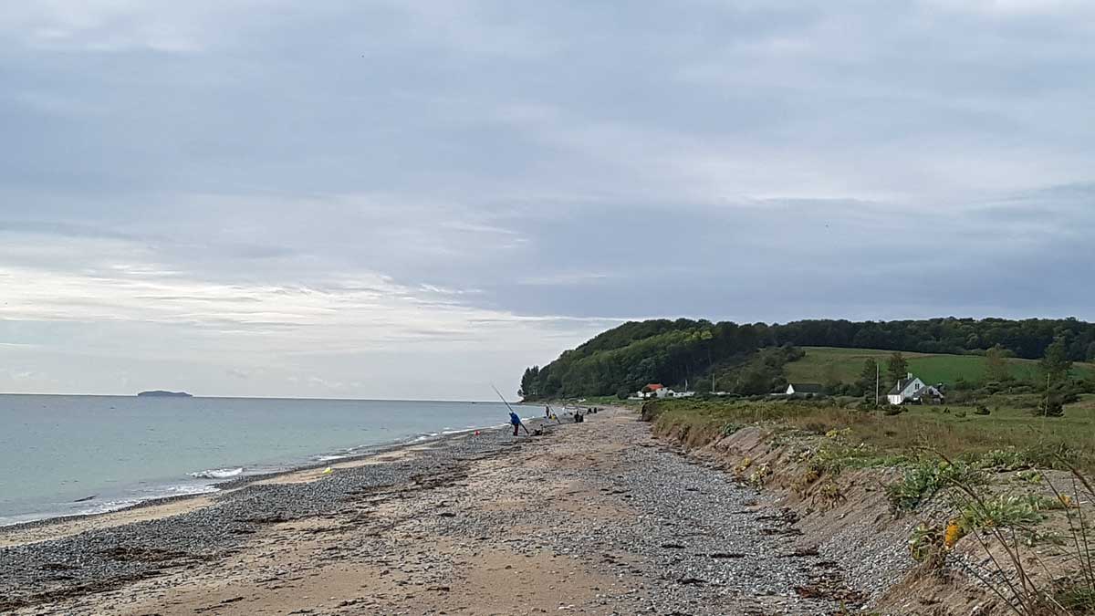 Stranden mod syd, med øen Hjelm